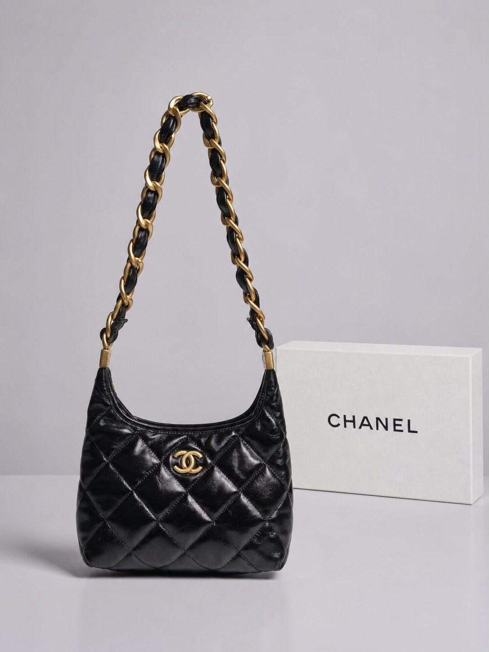 Chanel Shiny Black Calfskin Quilted Hobo with Gold Tone Hardware